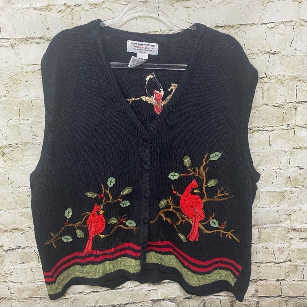 Tiara International Christmas Collection Black Red Bird Cardigan Sweater